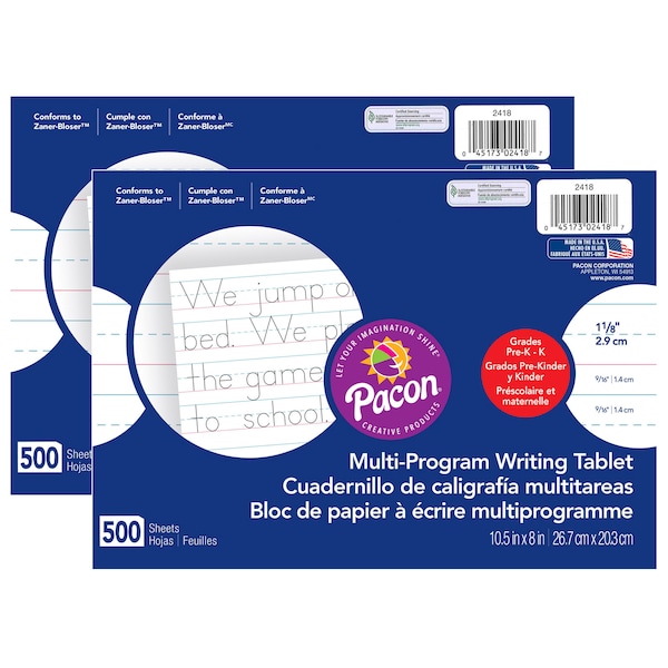 Handwriting Paper Tablet, 10.5 x 8, 500 Sheets/Tablet, PK2